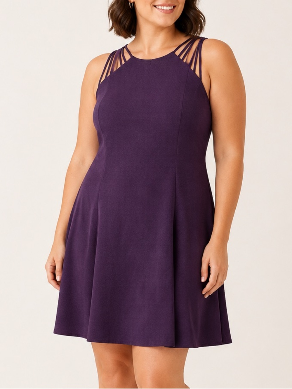 Penningtons Strappy High-Neck A-Line Dress in Deep Plum